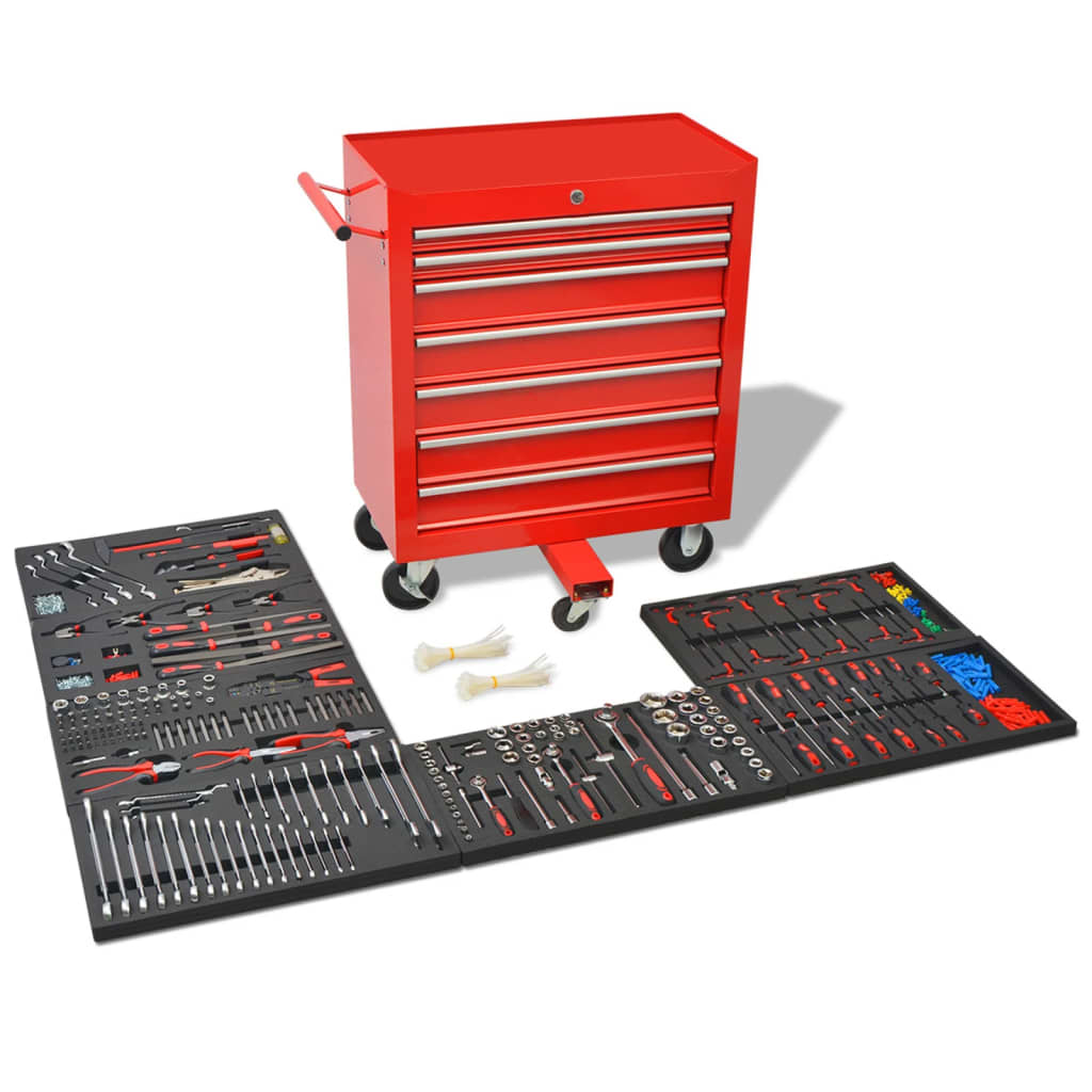vidaXL Delavniški voziček za orodje s 1125 kosi orodja jeklo rdeč