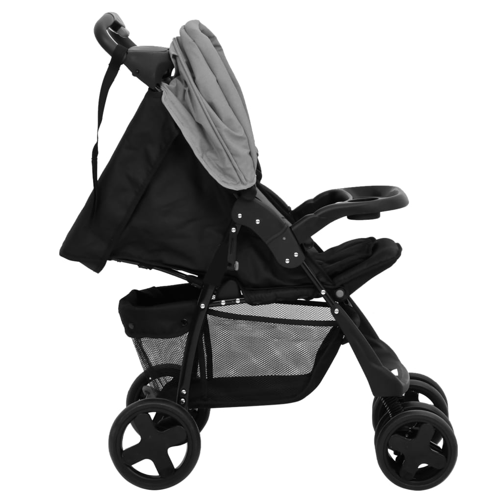 vidaXL Otroški voziček 3 v 1 svetlo siv in črn jeklen