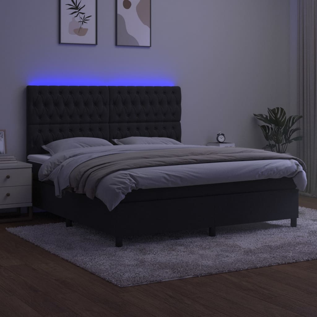 vidaXL Box spring postelja z vzmetnico LED črna 160x200 cm žamet