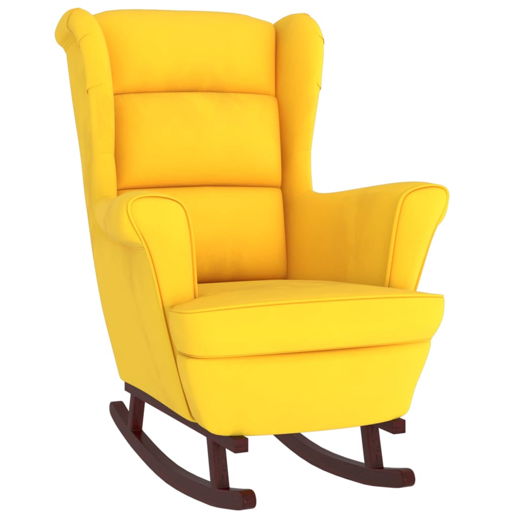vidaXL Gugalni stol z nogami iz trdnega kavčukovca rumen žamet