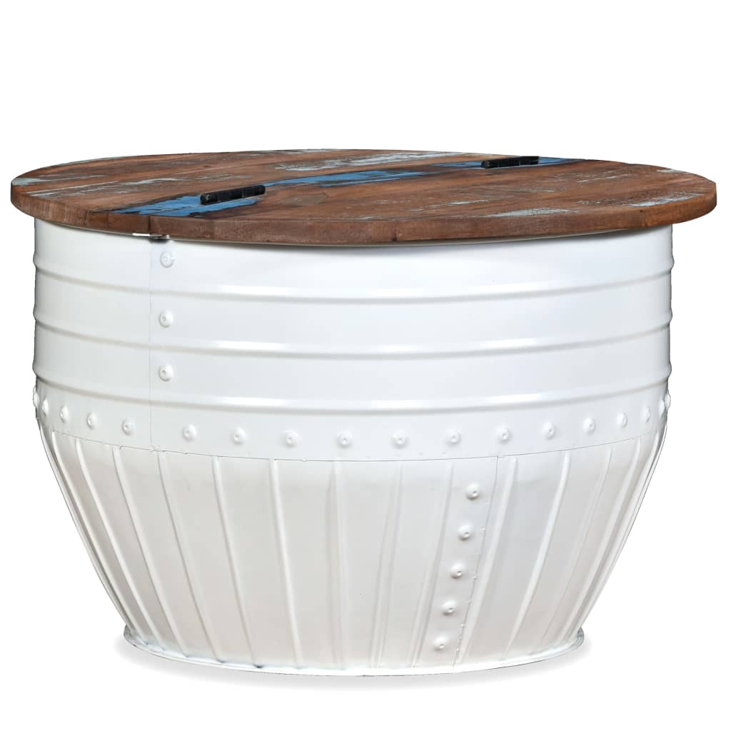 vidaXL Klubska mizica iz trdnega predelanega lesa bela oblika soda