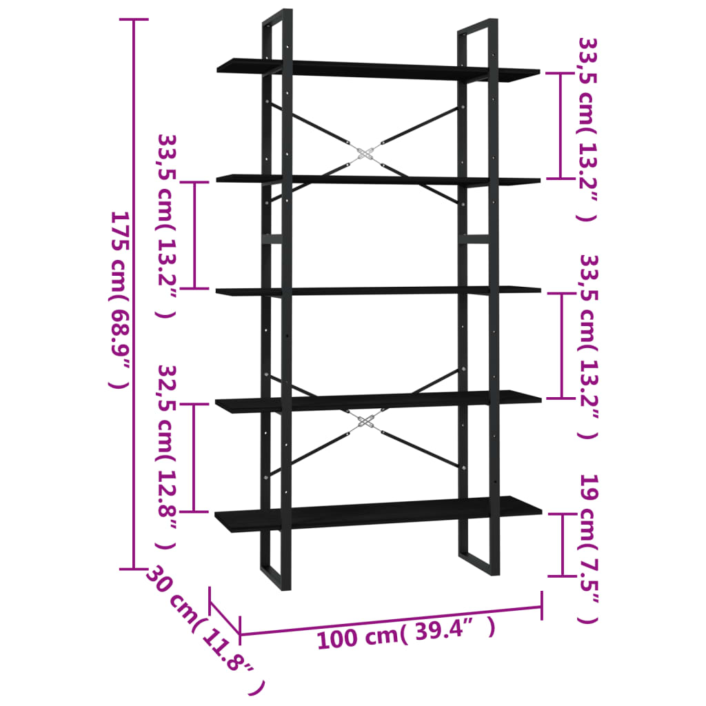 vidaXL 5-nadstropna knjižna omara črna 100x30x175 cm iverna plošča