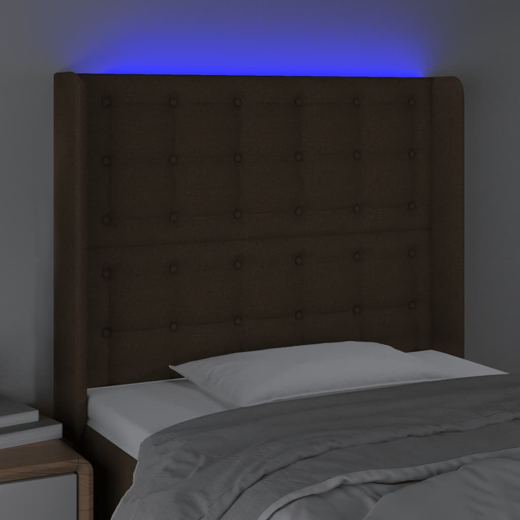 vidaXL LED posteljno vzglavje temno rjavo 83x16x118/128 cm blago