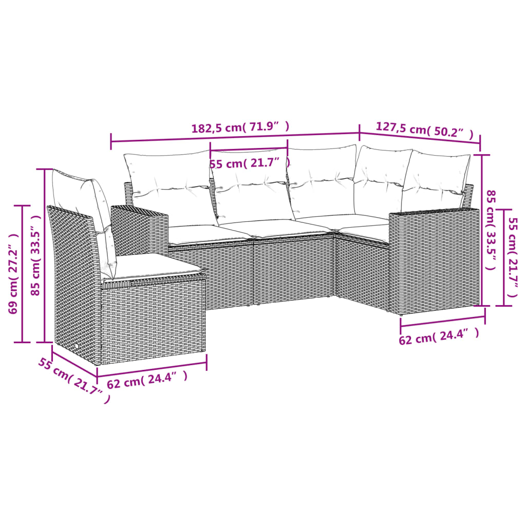 vidaXL Vrtna sedežna garnitura 5-delna z blazinami siv poli ratan