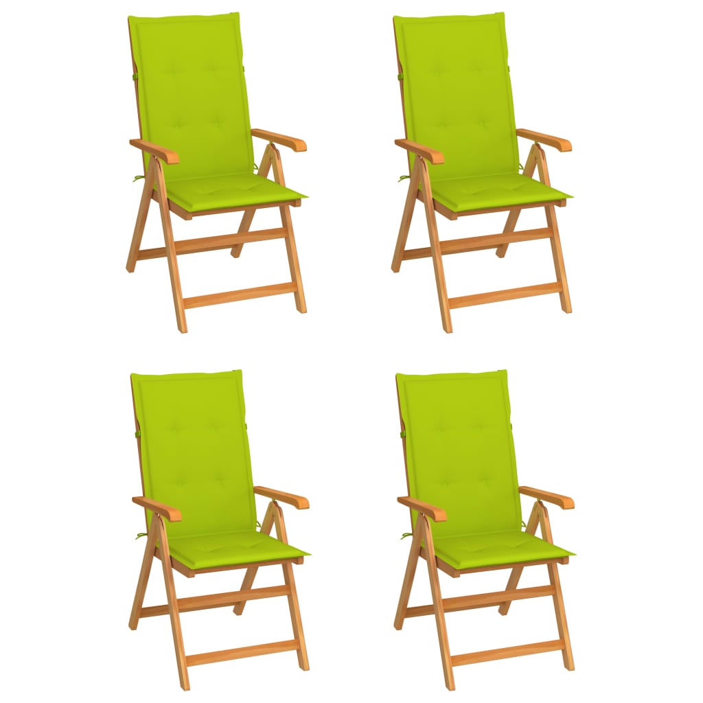 vidaXL Vrtni stoli 4 kosi s svetlo zelenimi blazinami trdna tikovina