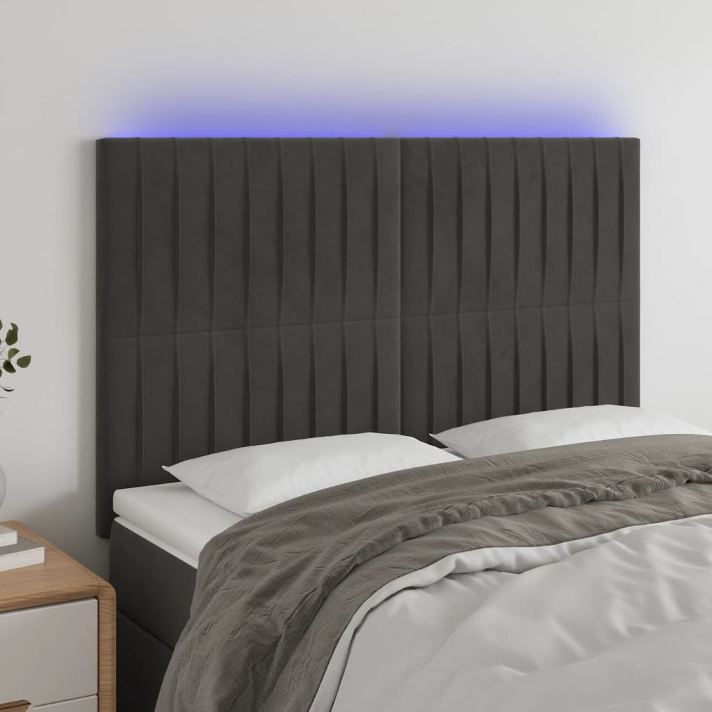 vidaXL LED posteljno vzglavje temno sivo 144x5x118/128 cm žamet
