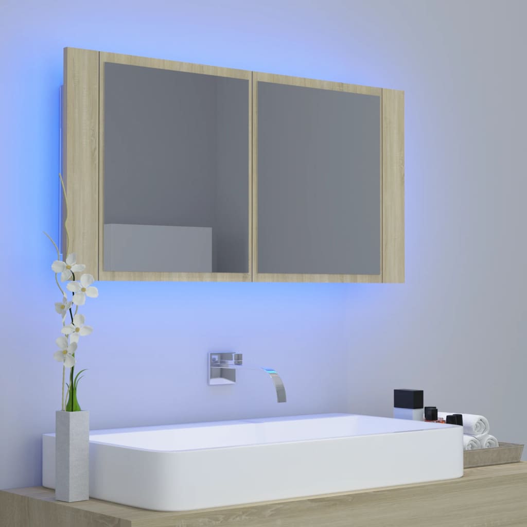vidaXL LED kopalniška omarica z ogledalom sonoma hrast 90x12x45 akril
