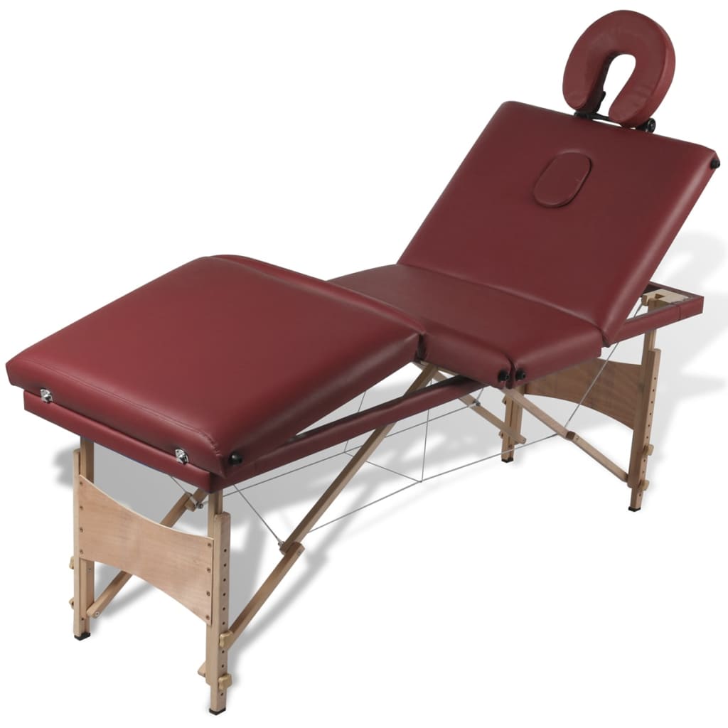Rdeča zložljiva masažna miza s 4 območji in lesenim okvirjem