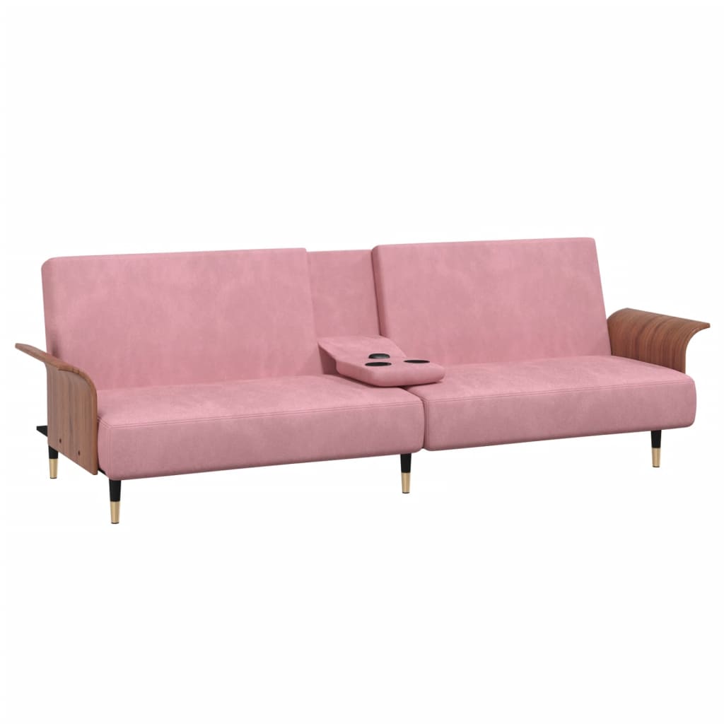 vidaXL Raztegljiv kavč z držali za skodelice roza žamet