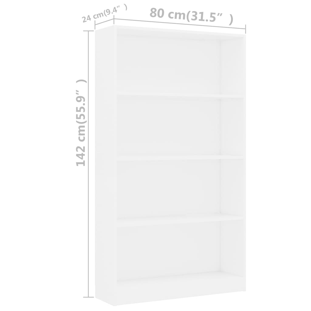 vidaXL Knjižna omara 4-nadstropna bela 80x24x142 cm iverna plošča