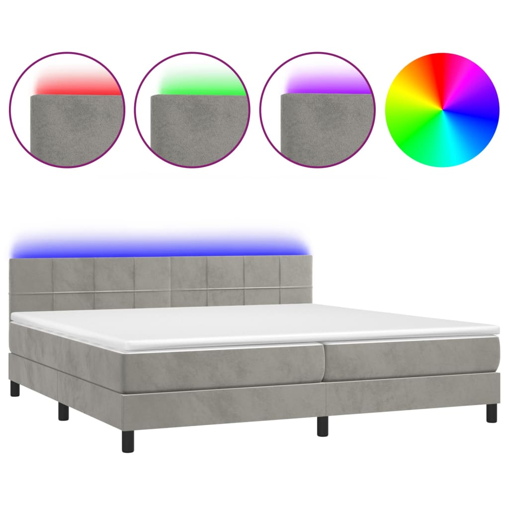 vidaXL Box spring postelja z vzmetnico LED svetlo siva 200x200cm žamet
