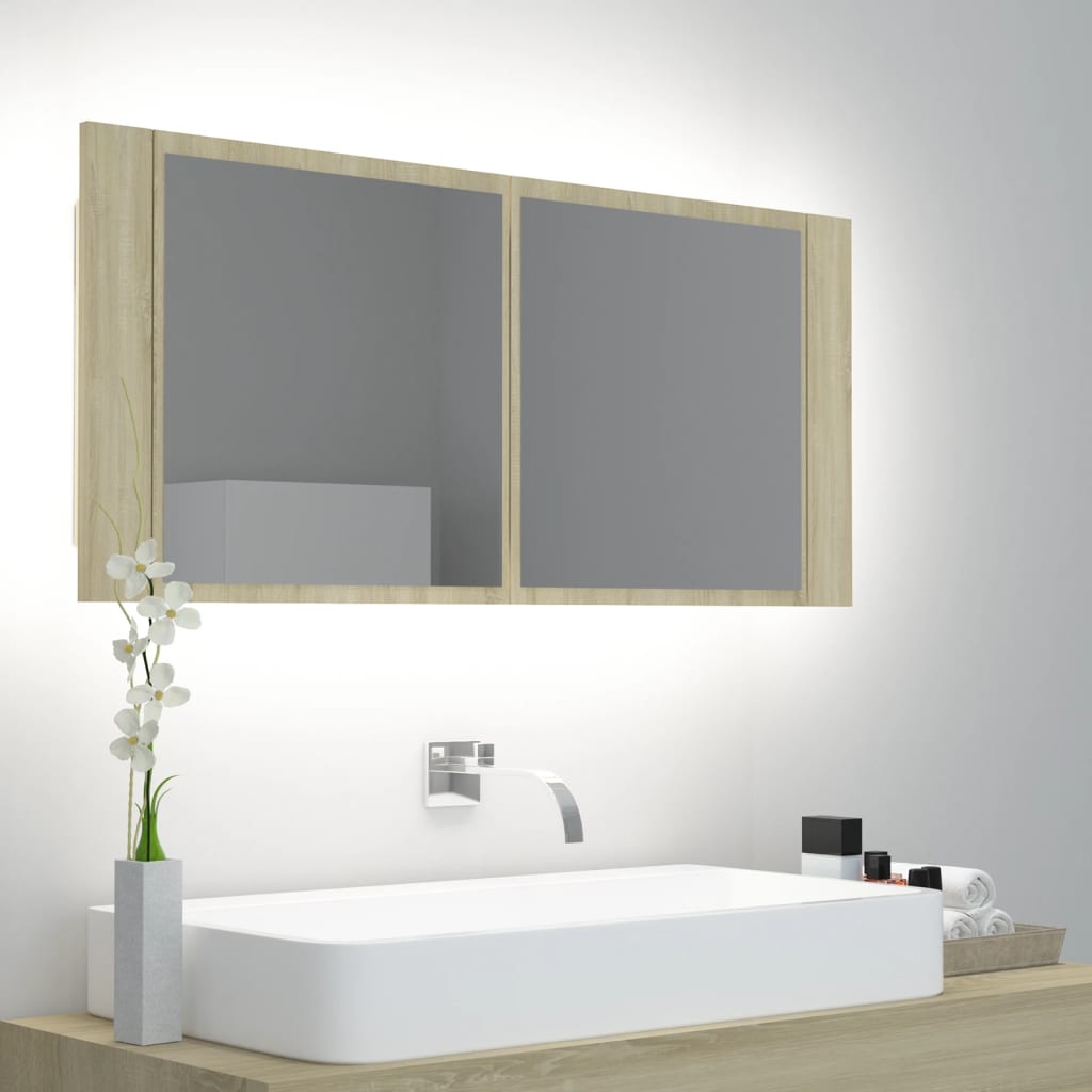 vidaXL LED kopalniška omarica z ogledalom sonoma hrast 100x12x45 akril