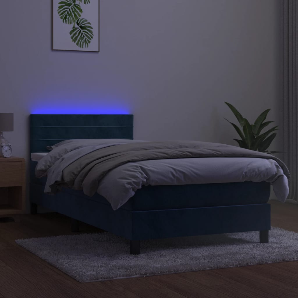 vidaXL Box spring postelja z vzmetnico LED temno modra 100x200cm žamet