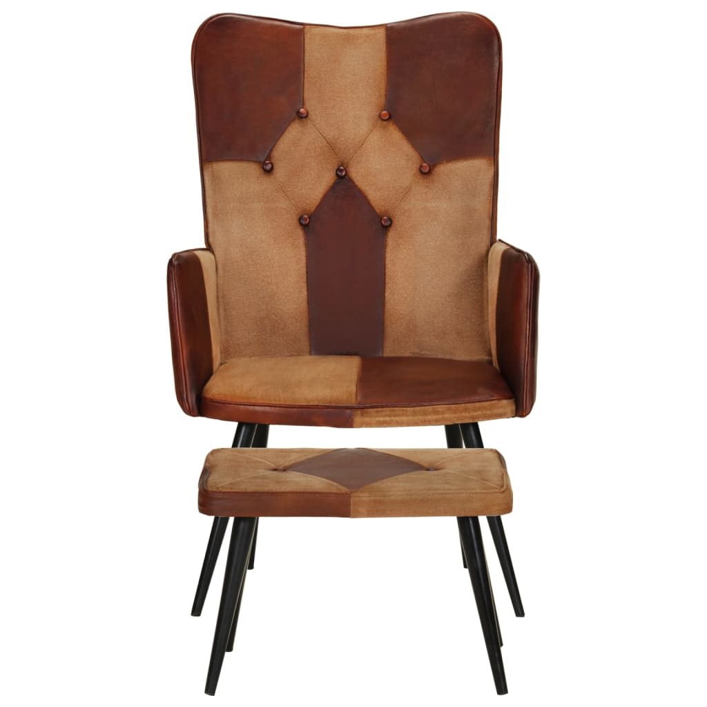vidaXL Fotelj s stolčkom za noge rjavo pravo usnje in platno