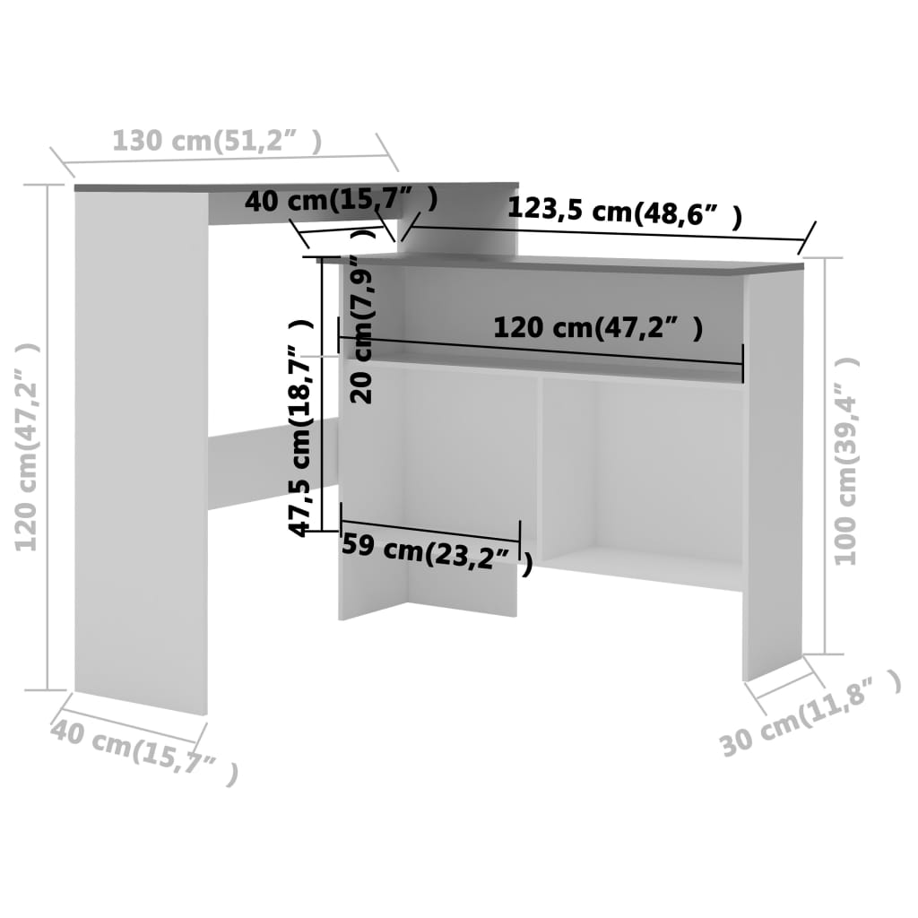 vidaXL Barska miza z 2 površinama bela in siva 130x40x120 cm