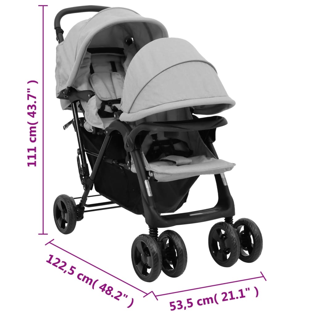 vidaXL Otroški voziček za dvojčke svetlo sivo jeklo