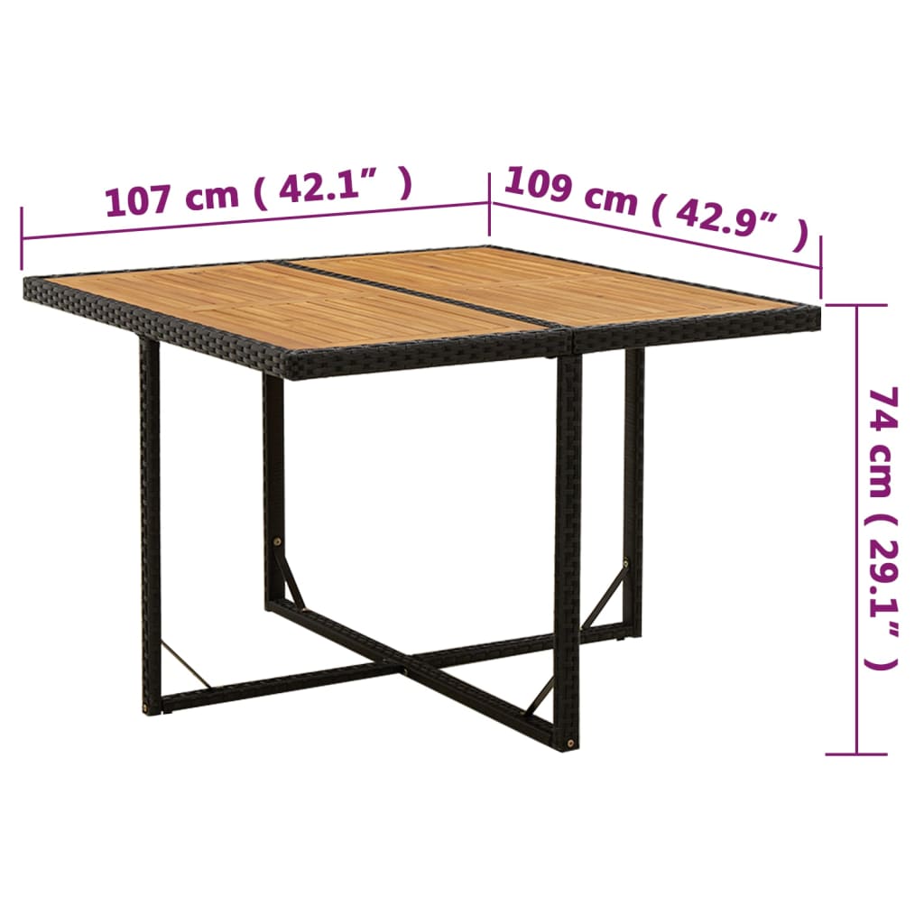 vidaXL Vrtna miza črna 109x107x74 cm poli ratan in trden akacijev les