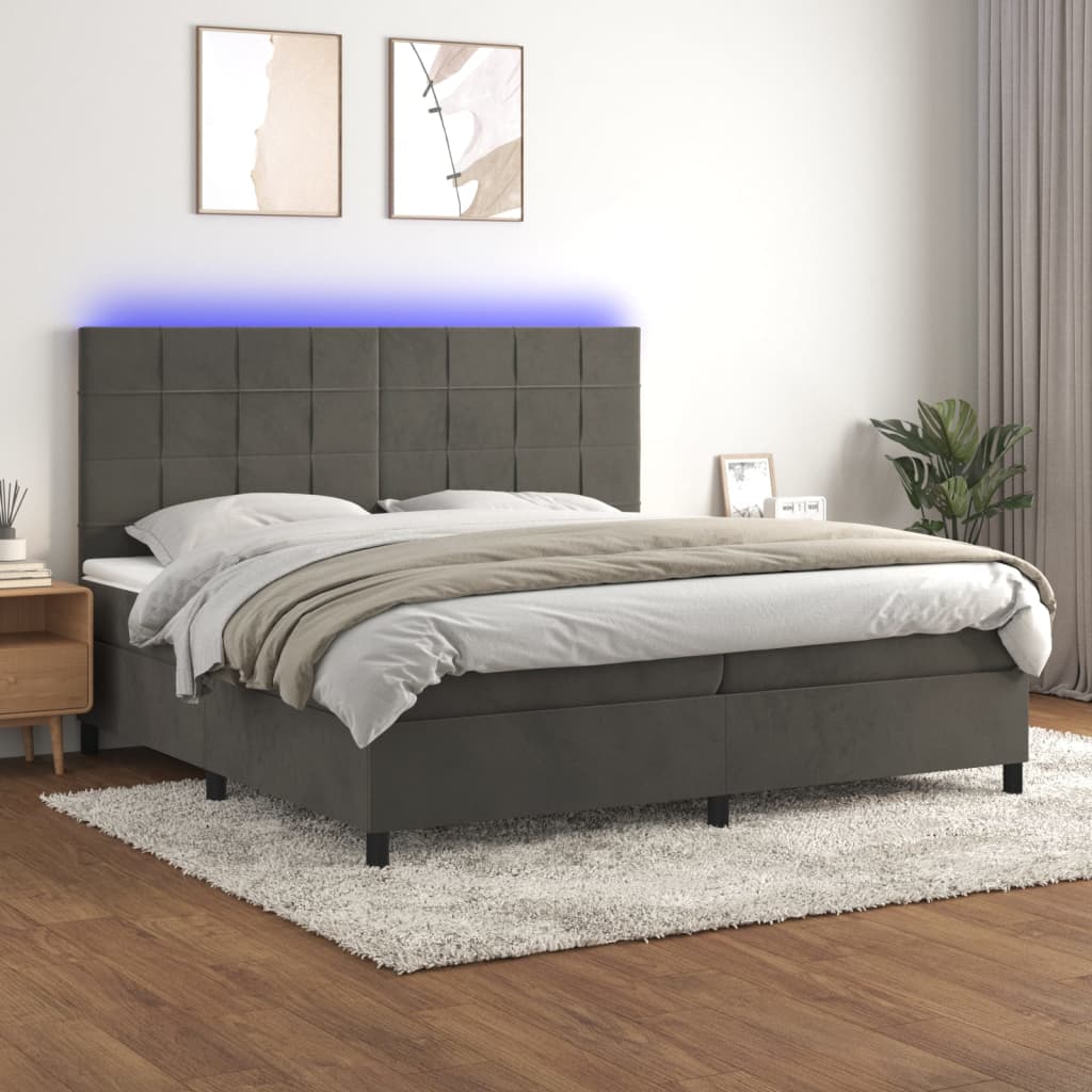 vidaXL Box spring postelja z vzmetnico LED temno siva 200x200 cm žamet