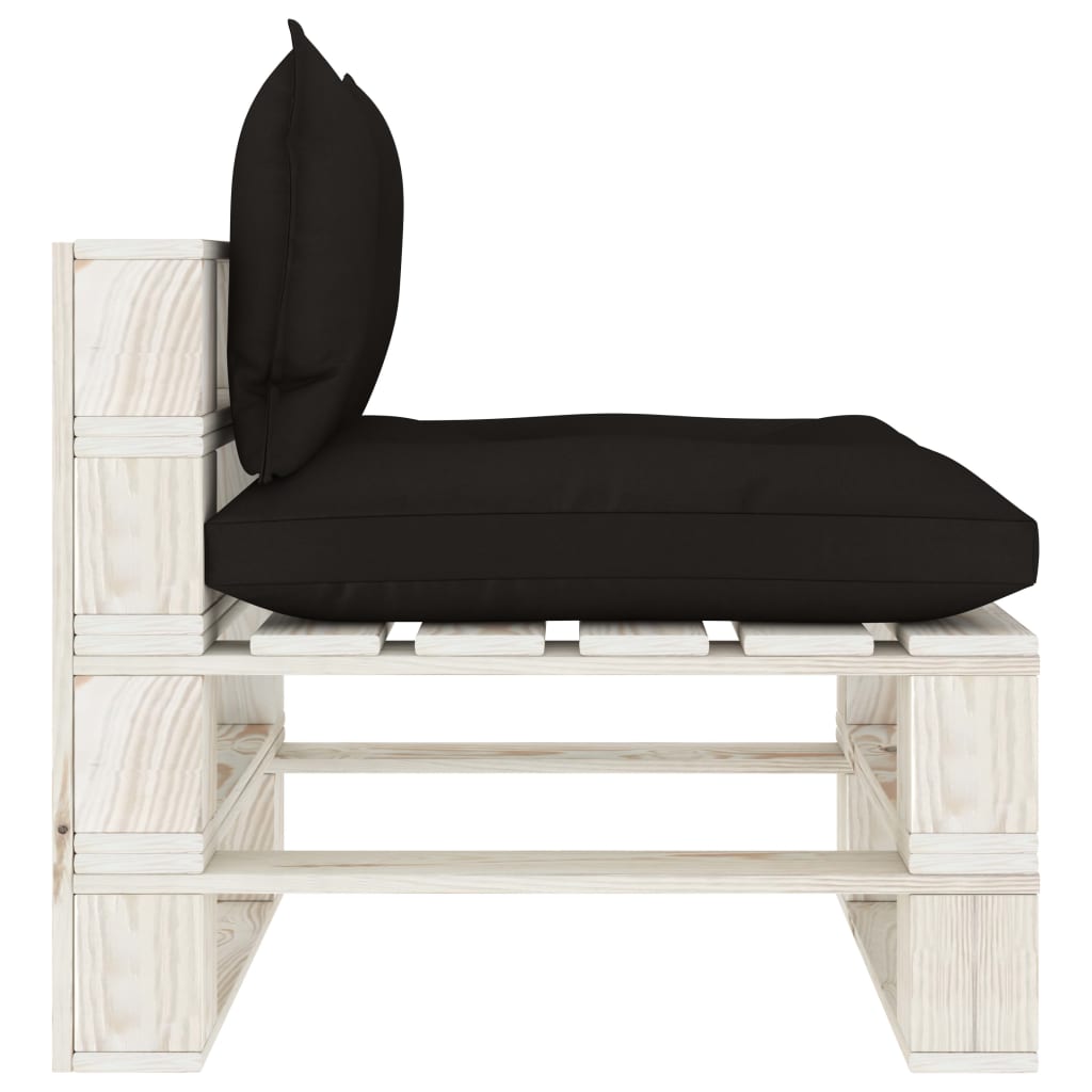 vidaXL Vrtni sredinski kavč iz palet s črnimi blazinami lesen