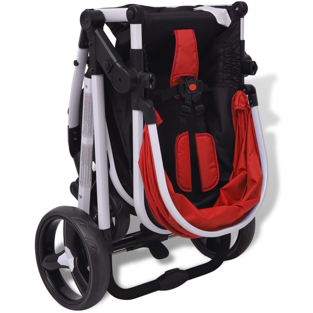 vidaXL Otroški voziček 3 v 1 aluminijast rdeče in črne barve