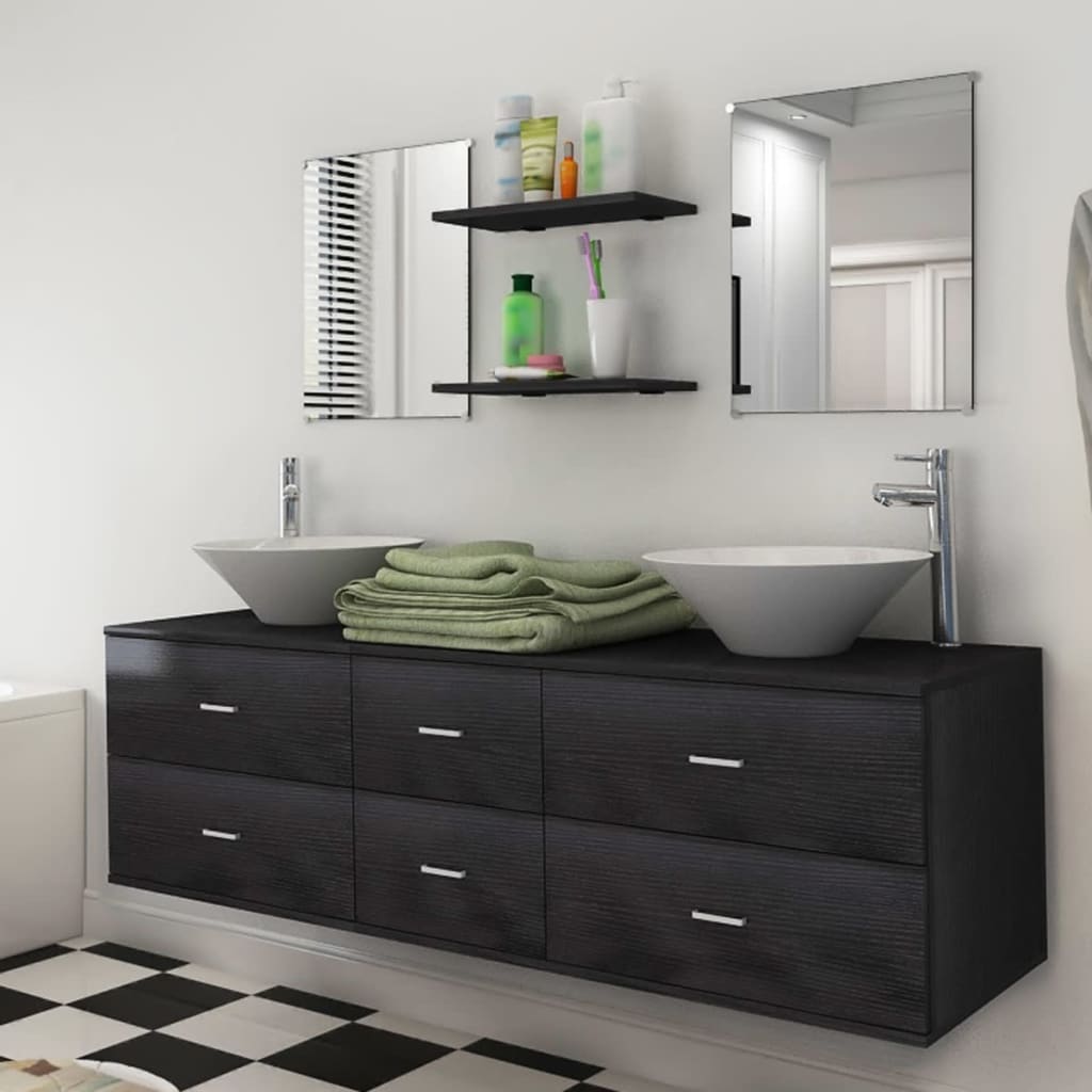 vidaXL Komplet kopalniškega pohištva 9-delni z umivalnikom in pipo črn