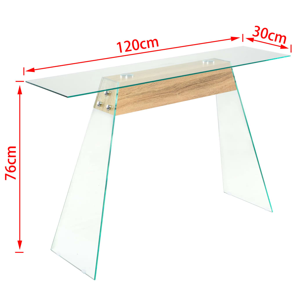 vidaXL Konzolna mizica mediapan in steklo 120x30x76 cm barva hrasta