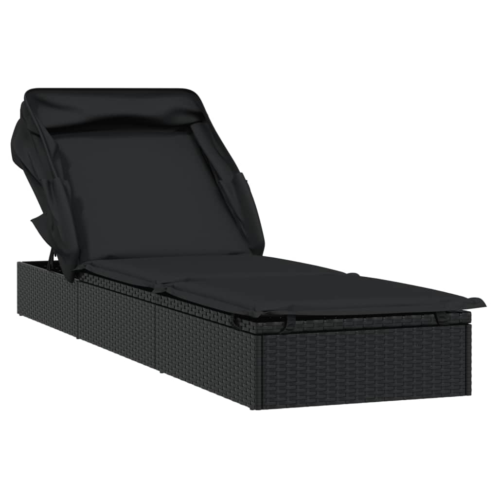 vidaXL Vrtni ležalnik z zložljivo streho črn 213x63x97 cm poli ratan