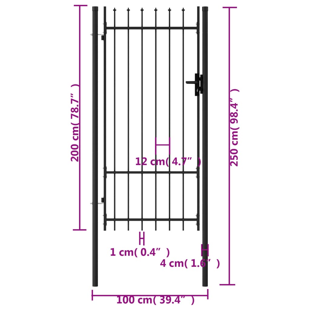 vidaXL Enojna vrata za ograjo koničasta jeklo 1x2 m črna