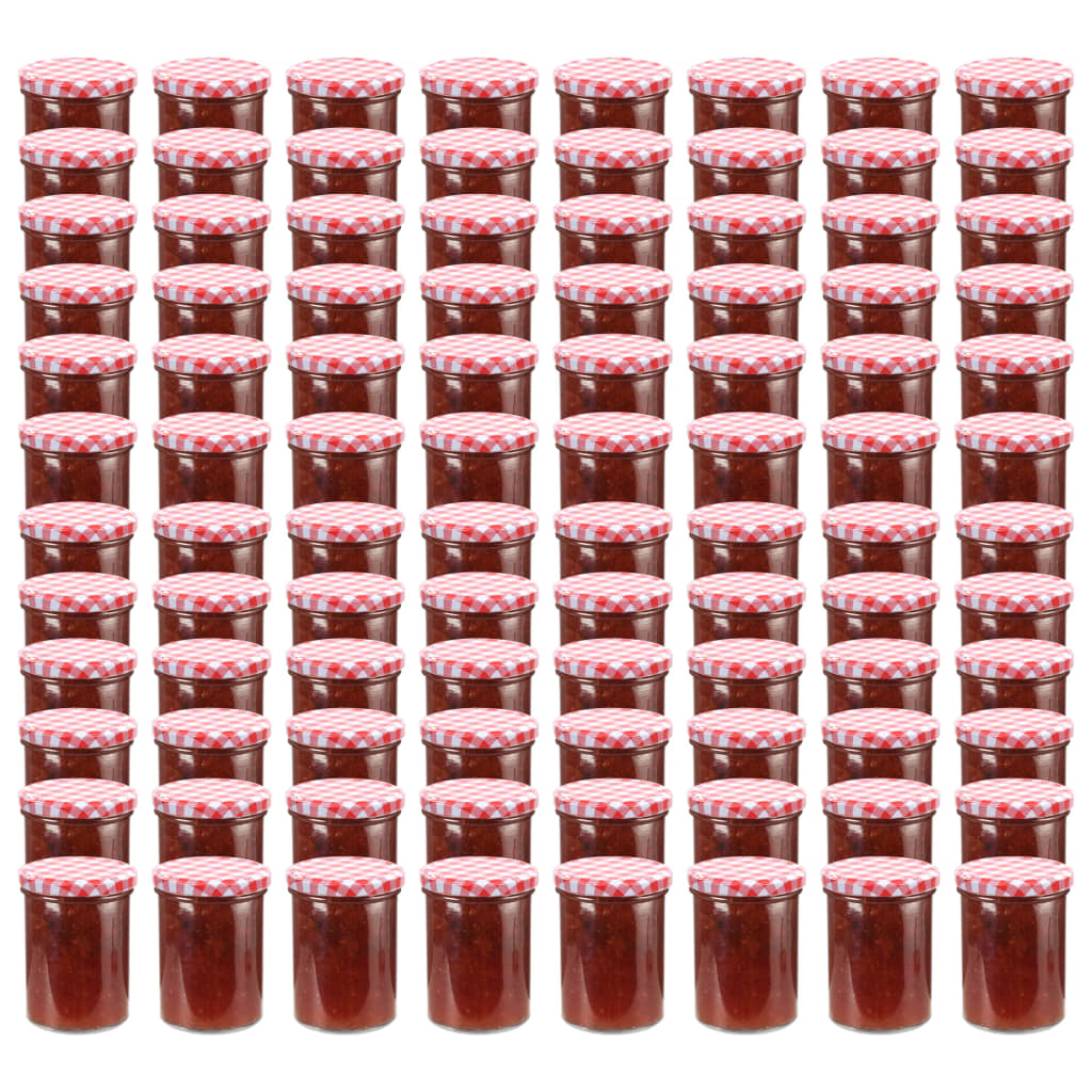 vidaXL Stekleni kozarci z belimi in rdečimi pokrovi 96 kosov 400 ml