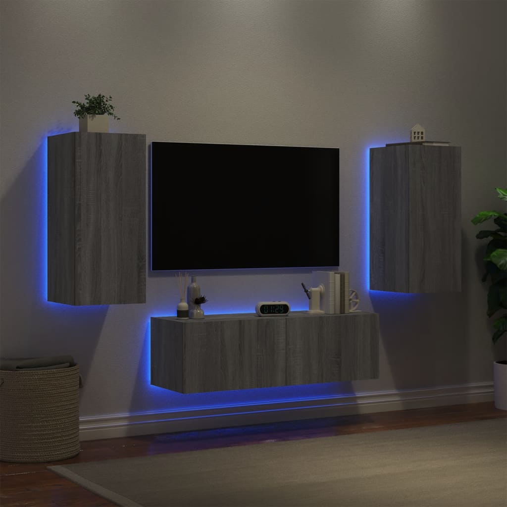 vidaXL Stenske TV omarice z LED lučkami 3 kosi siva sonoma
