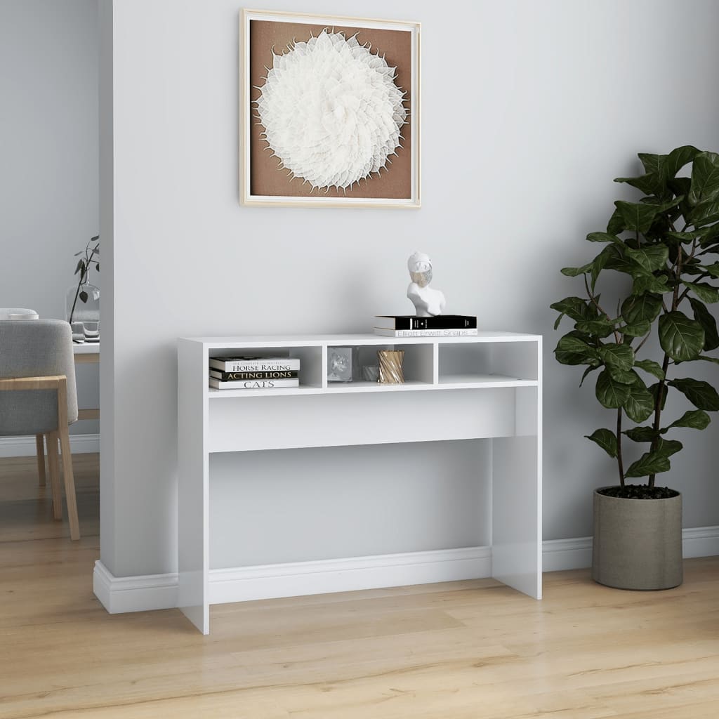 vidaXL Konzolna mizica visok sijaj bela 105x30x80 cm iverna plošča