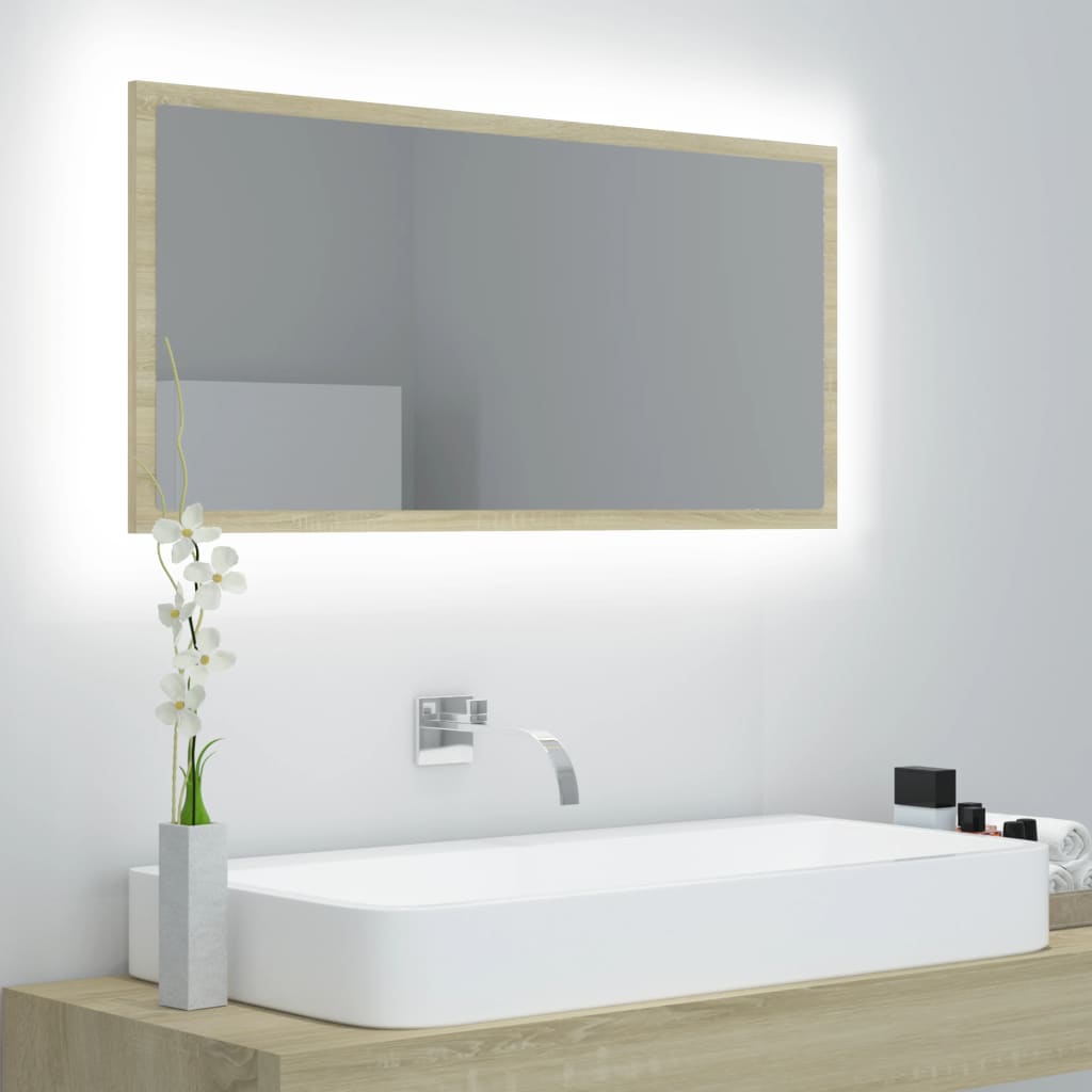 vidaXL LED kopalniško ogledalo sonoma hrast 90x8,5x37 cm akril