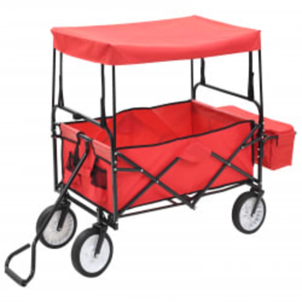 vidaXL Zložljiv ročni voziček s streho jeklen rdeč