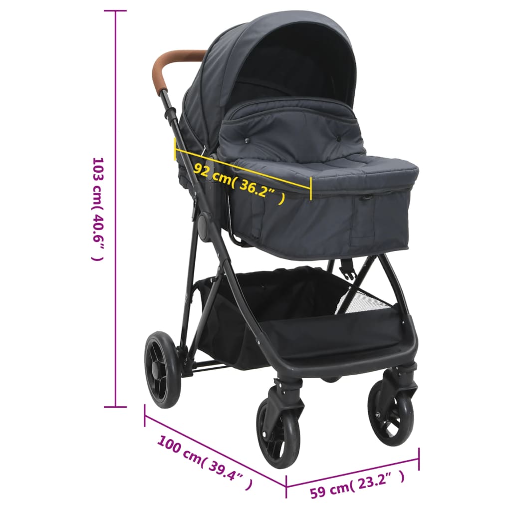 vidaXL Otroški voziček 2 v 1 antraciten in črn jeklen