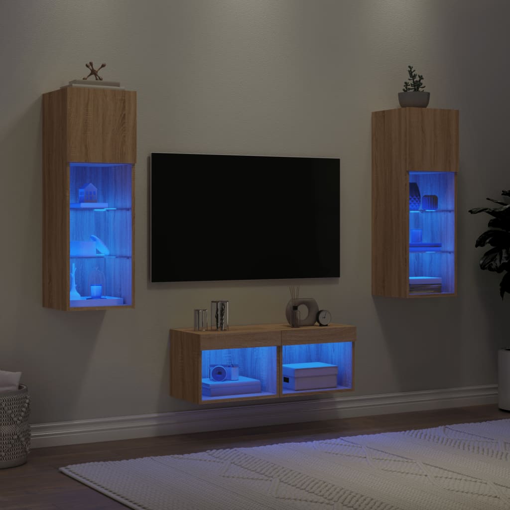 vidaXL Stenske TV omarice z LED lučkami 4 kosi sonoma hrast