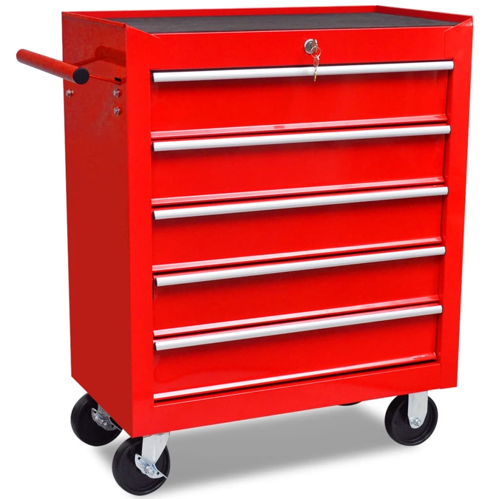 Rdeč delavniški voziček za shranjevanje orodja s 5 predali