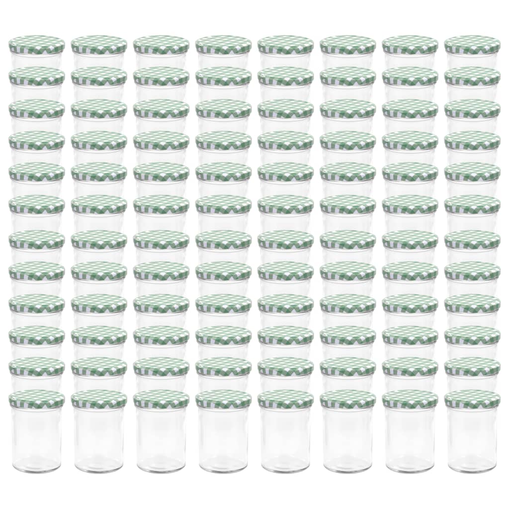 vidaXL Stekleni kozarci z belimi in zelenimi pokrovi 96 kosov 400 ml