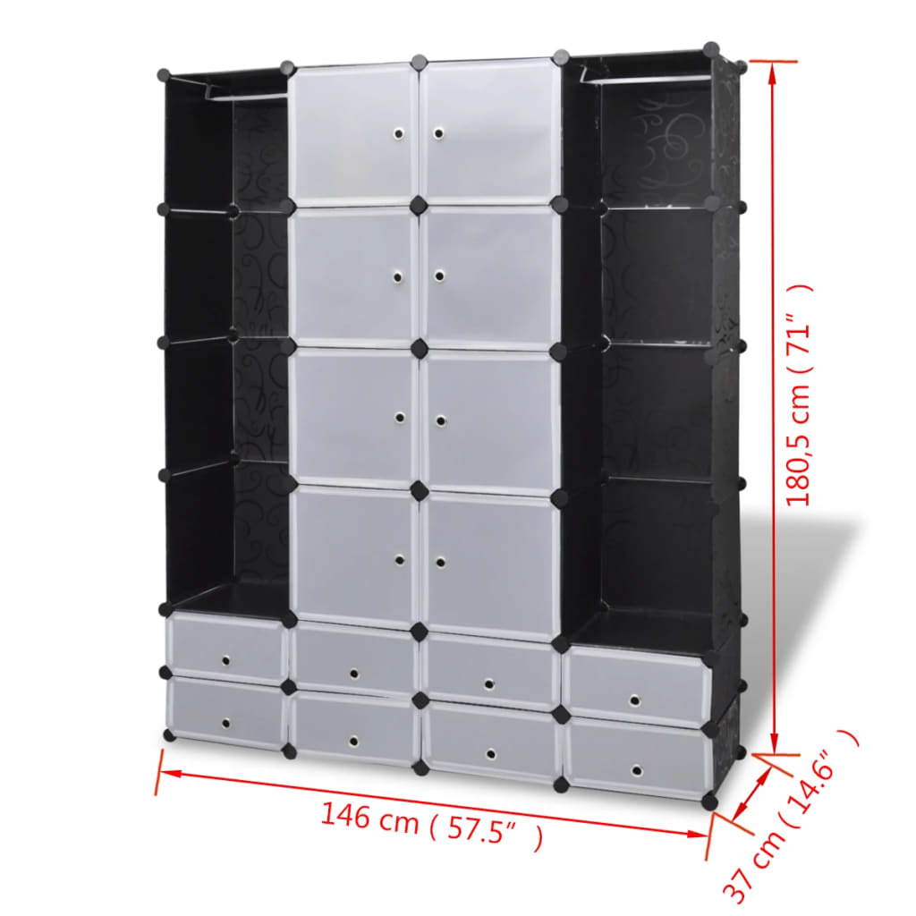 vidaXL Modularna omara z 18 predelki črna in bela 37x146x180,5 cm
