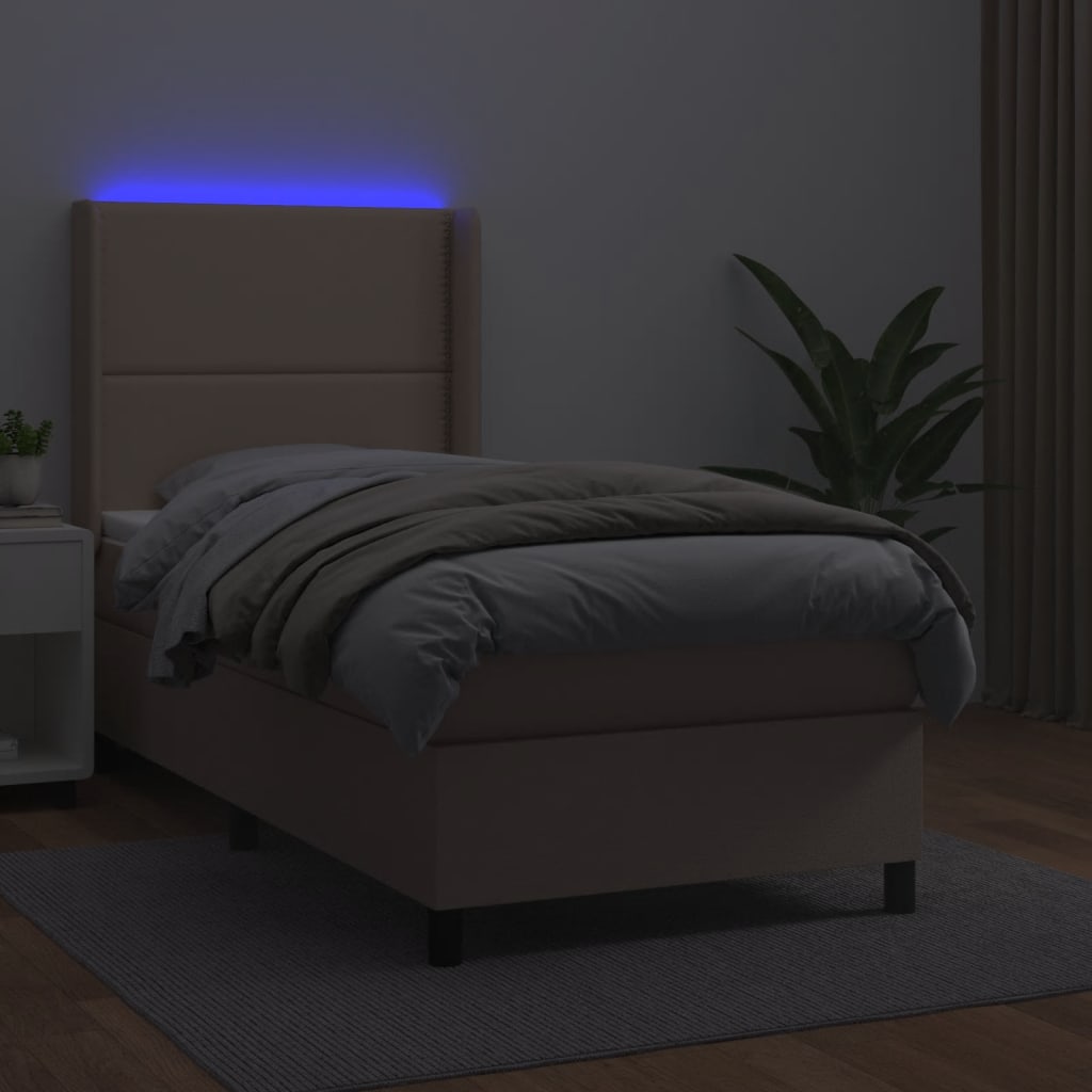 vidaXL Box spring postelja z vzmetnico LED kapučino 80x200cm um. usnje