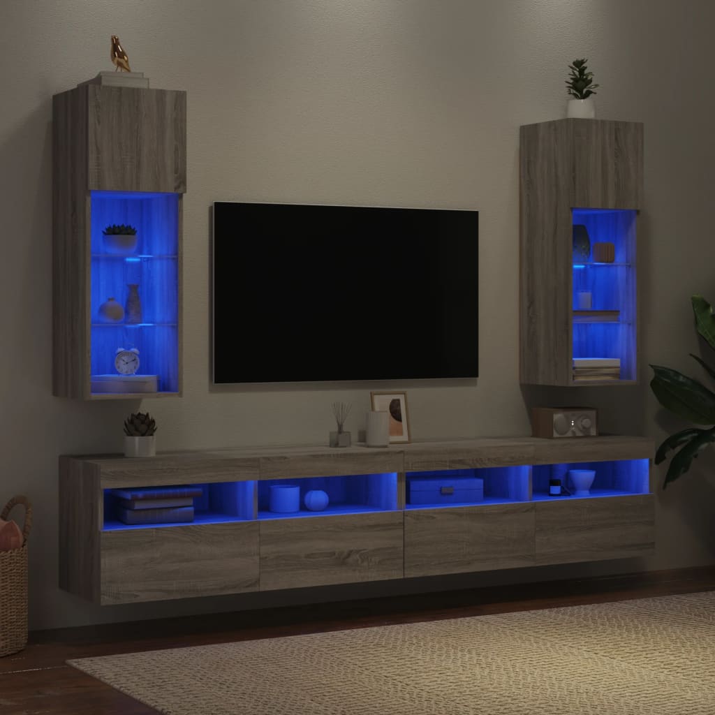 vidaXL TV omarica z LED lučkami 2 kosa siva sonoma 30,5x30x90 cm