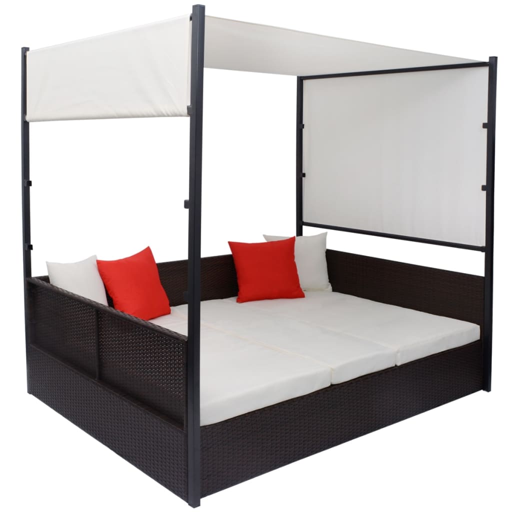 vidaXL Vrtna postelja s streho poli ratan 190x130 cm rjava