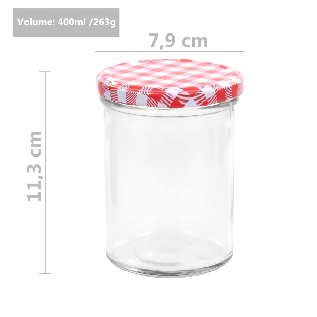 vidaXL Stekleni kozarci z belimi in rdečimi pokrovi 96 kosov 400 ml