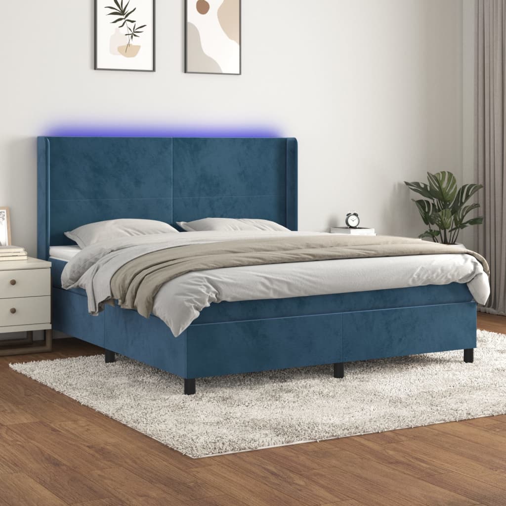 vidaXL Box spring postelja z vzmetnico LED temno modra 180x200cm žamet