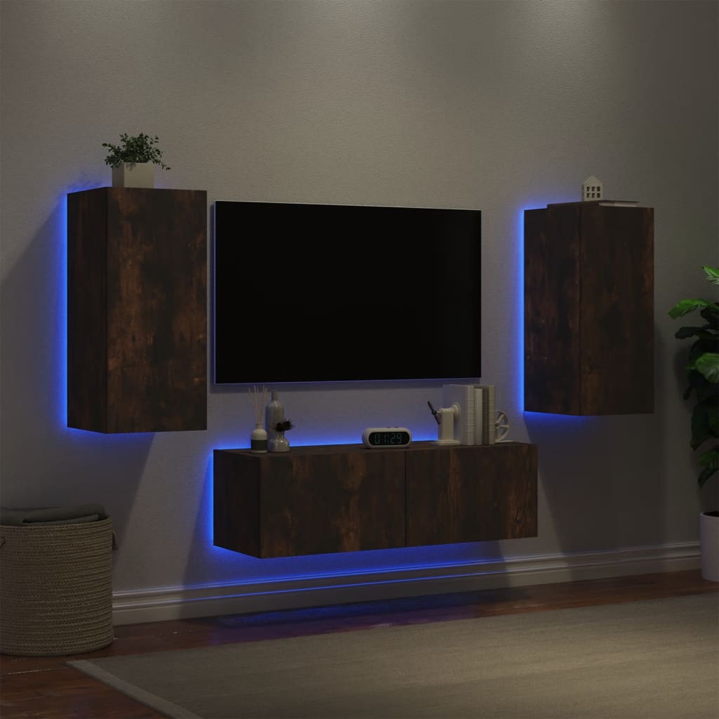 vidaXL Stenske TV omarice z LED lučkami 3 kosi dimljeni hrast