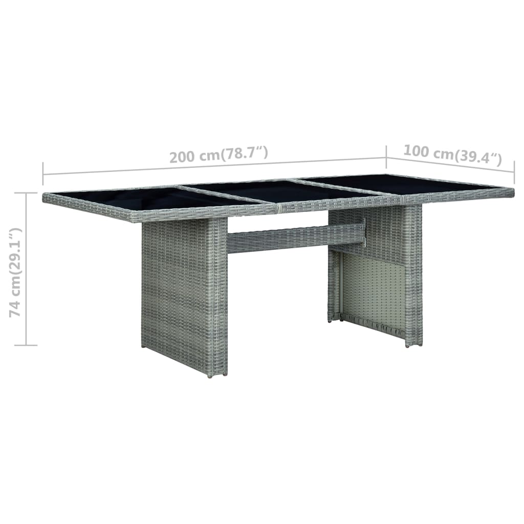 vidaXL Vrtna miza svetlo siv poli ratan in kaljeno steklo