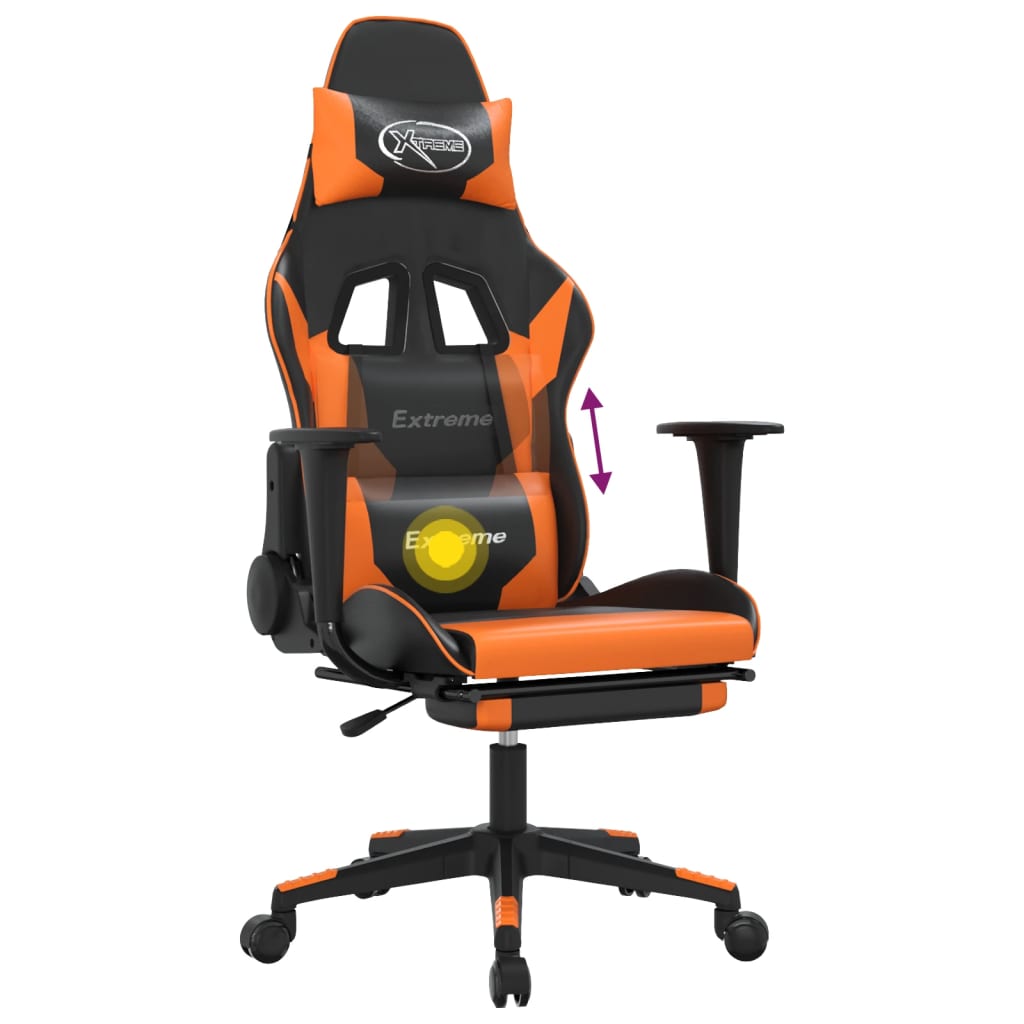 vidaXL Masažni gaming stol z oporo za noge črno in oranžno um. usnje