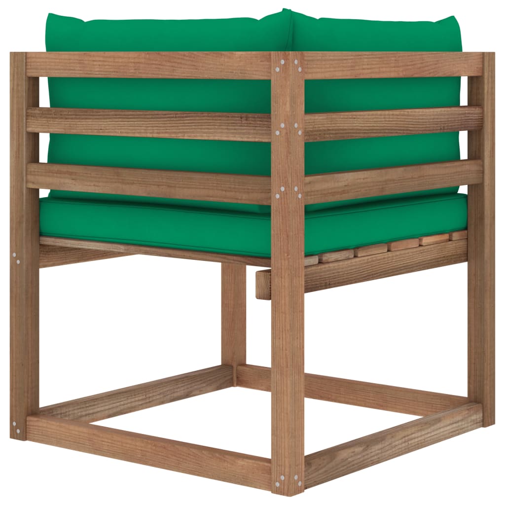 vidaXL Vrtni kotni kavč iz palet z zelenimi blazinami