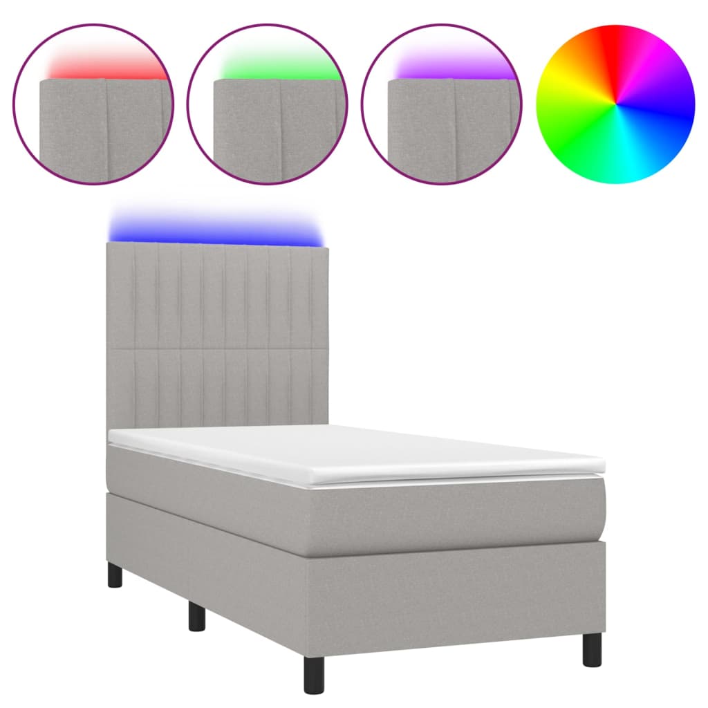 vidaXL Box spring postelja z vzmetnico LED svetlo siva 90x200 cm blago