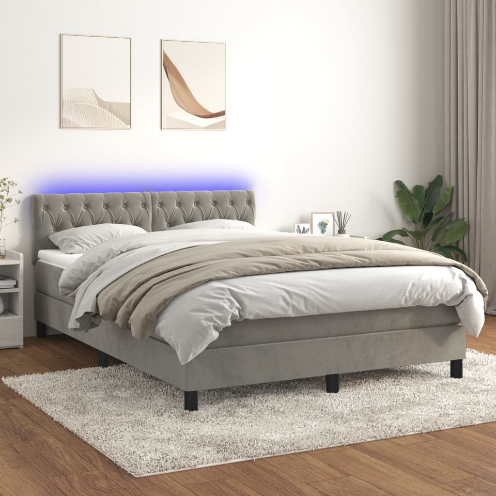 vidaXL Box spring postelja z vzmetnico LED svetlo siva 140x200cm žamet