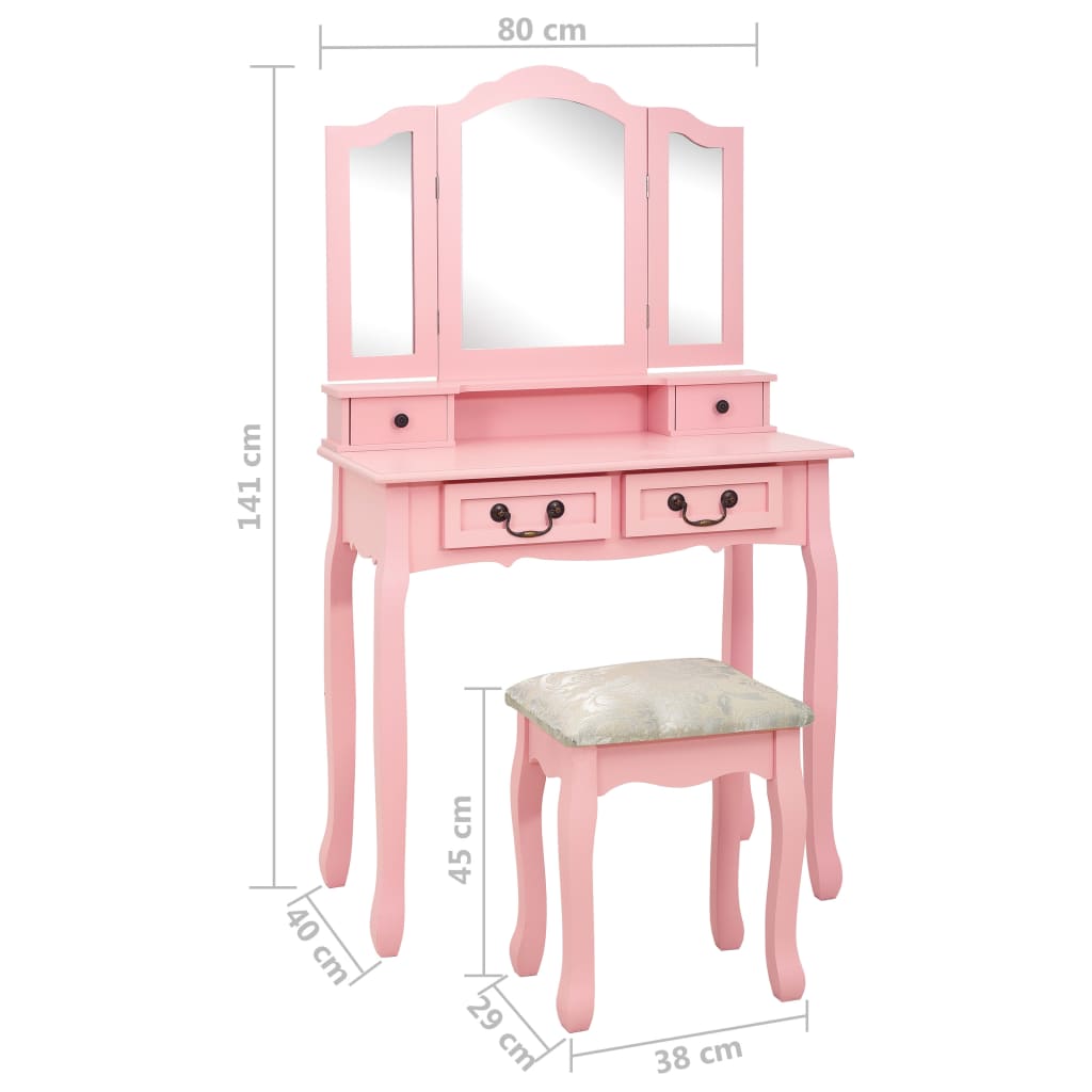 vidaXL Mizica za ličenje s stolčkom roza 80x69x141 cm les pavlovnije